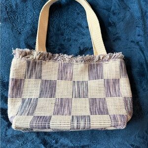 Source Unknown Cream and Purple Checkered Tote